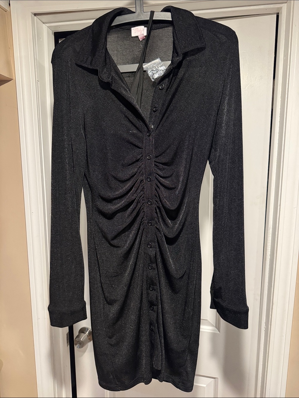 Pink Lily Black Long Sleeve Ruched Button-Front Dress with Slip Size Large New